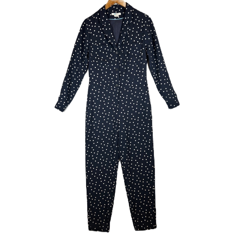 Boden Navy Blue Polka Dot Long Sleeve Button Front Jumpsuit US 6R T0322